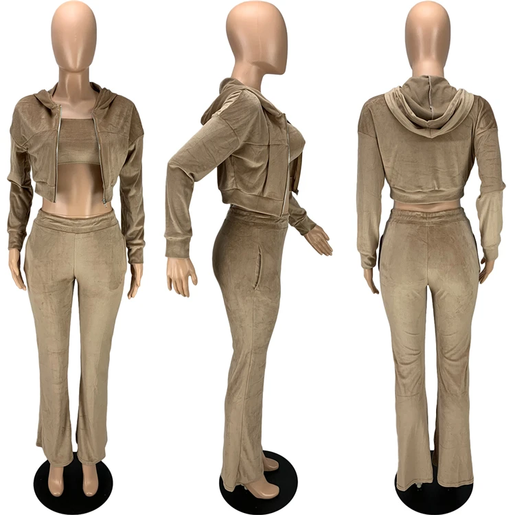 2021 Fashion Ladies Long Sleeve Outfits Tube Top Hoodie Velour Fall Women Clothing 3 Piece Set