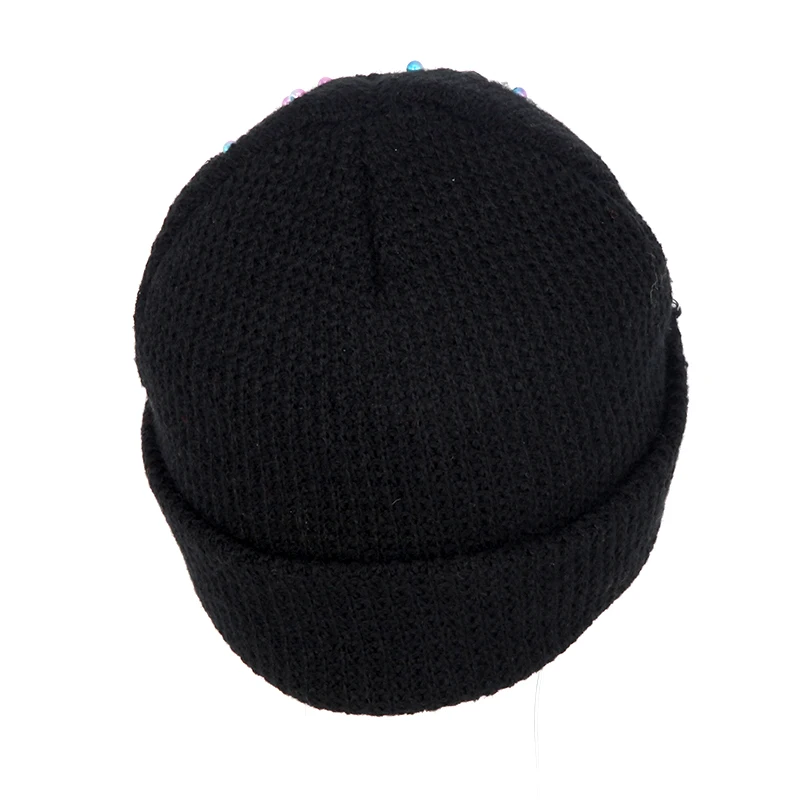 Distressed Style  Silky Satin Lining Inside Knit Winter Hat Rhinestone Beanie with Custom Logo Woven Label Patch