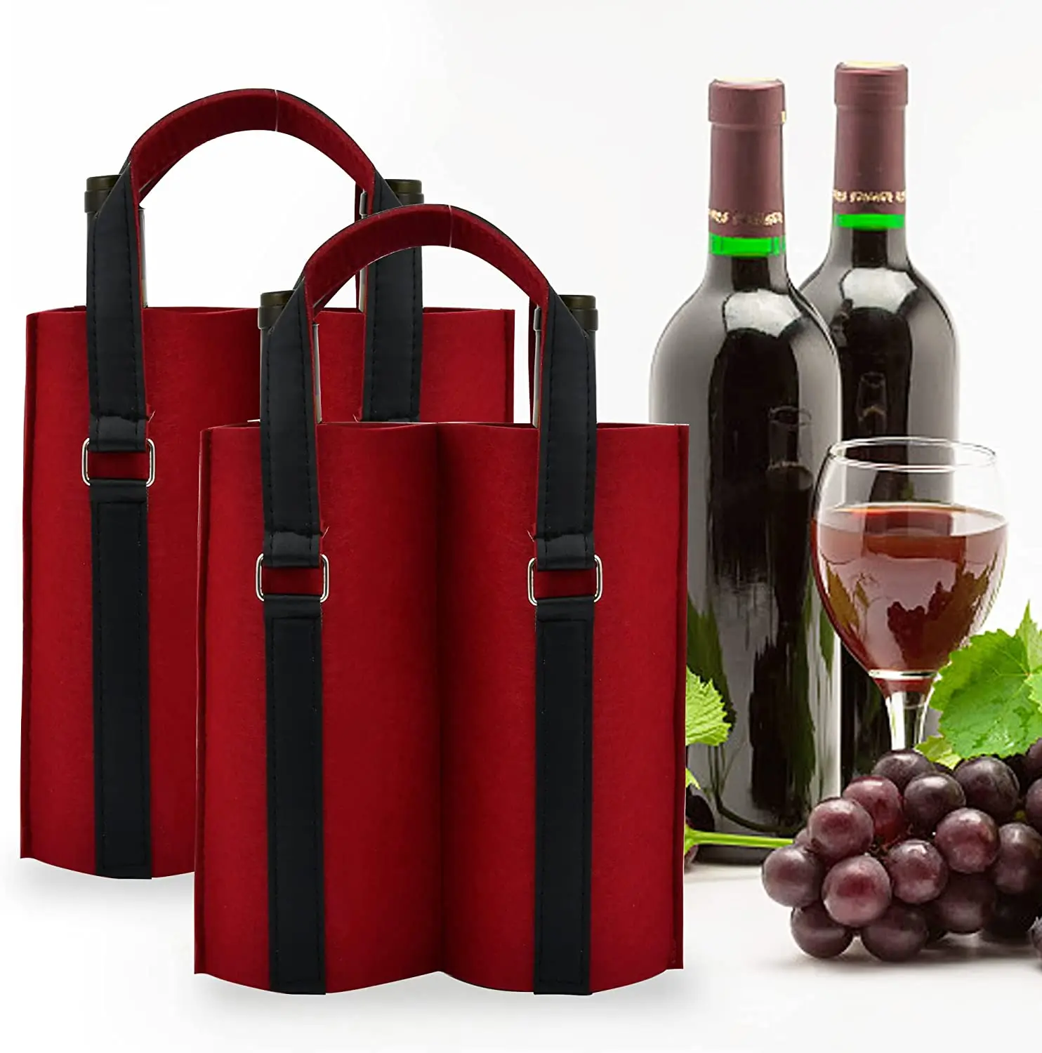 Wholesale New Design Reusable Felt Double Wine Bottle Gift Bag with Windows Felt Wine Carrier Tote Bag with Leather Handle