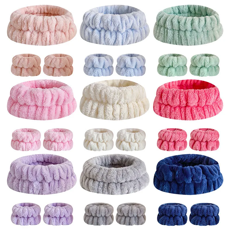 Qianjin Hot Selling 3pcs/set Face Wash Wristband Makeup Hair Band For Women Comfortable Soft Furry Elastic Headband
