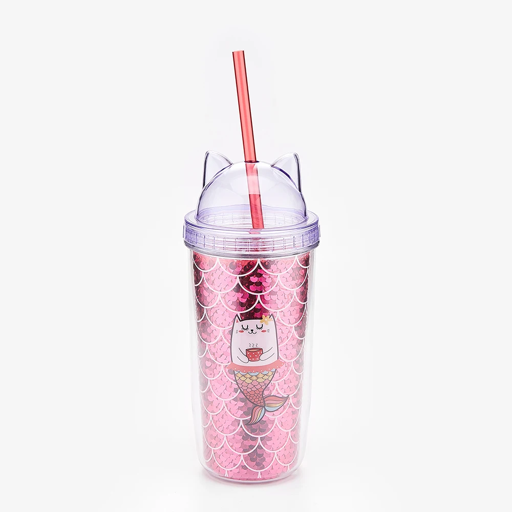 
Wholesale products custom clear reusable drinking double wall glitter cat ear plastic drinking cup with straw 
