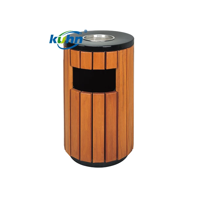 Factory Manufacture Custom Trash Bin Black Frame Wood Waste Bin Round Outdoor Trash Can Modern streetGarbage Can