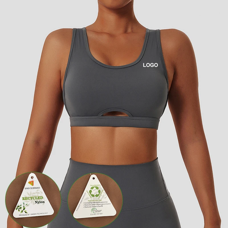 Unique Fitness Yoga Wear Sexy Strappy Back Recycled Nylon Sports Bra Custom
