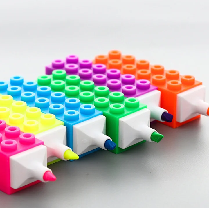 Promotional Multi Color Creative Toy Building Block Shape Highlighter Marker Pens for Kids