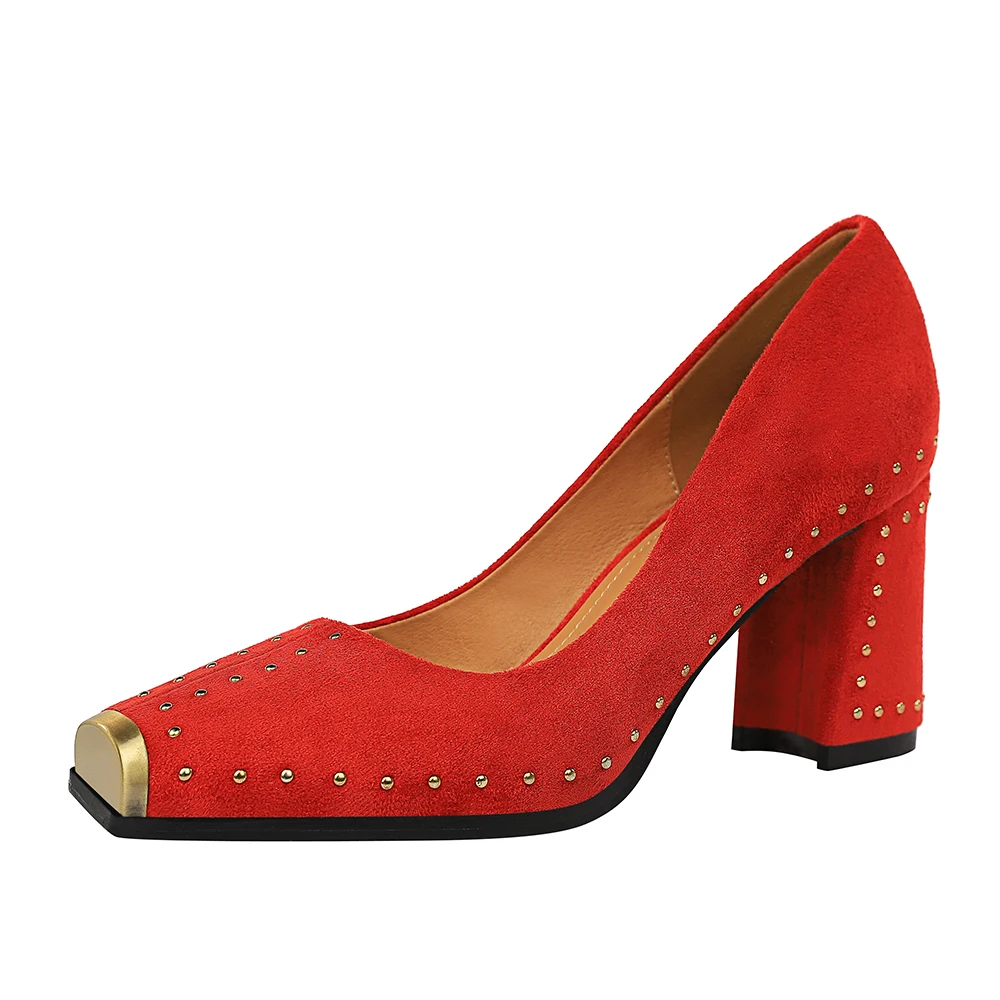 Женские туфли в стиле ретро, туфли на высоком каблуке, с квадратным носком и заклепками, с металлическим носком, 6862-1