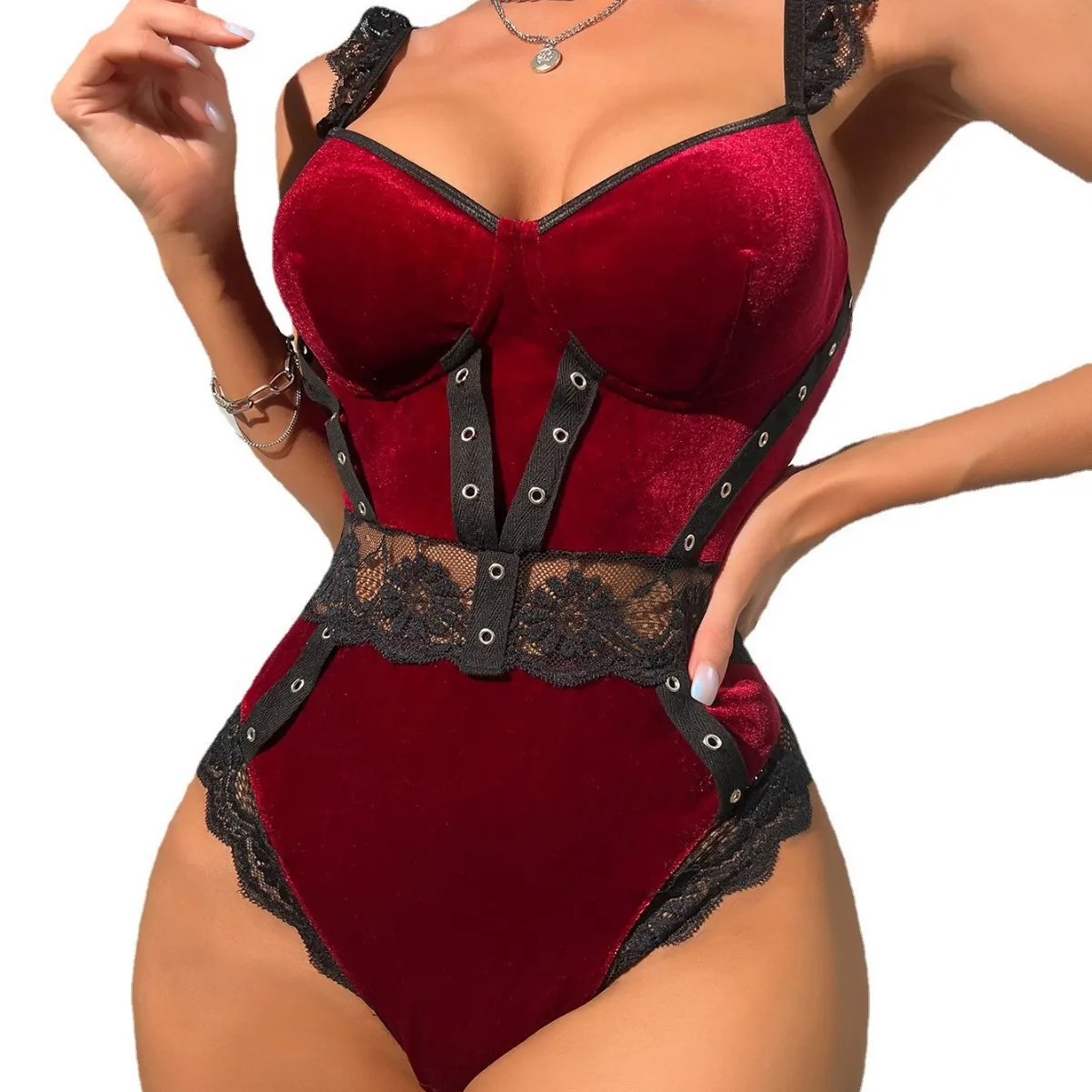 Sex Lingerie Passion Red Velvet Lace Uniform Seduction Suit Lace One-Piece Hot Open File Lace Bodysuit Body Suit