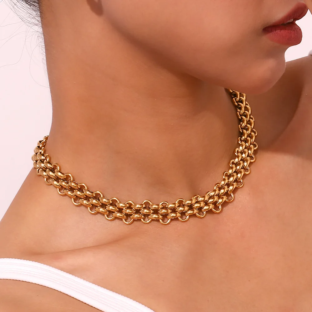 N706 Waterproof Three Layer Gold Plated Necklace Stainless Steel Hip Hop Chunky Statement Jewelry