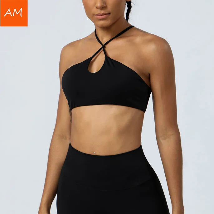 OEM Logo Thin Straps Fitness Yoga Bra Cross Back Padded Sports Bra Halter Neckline Bra For Women