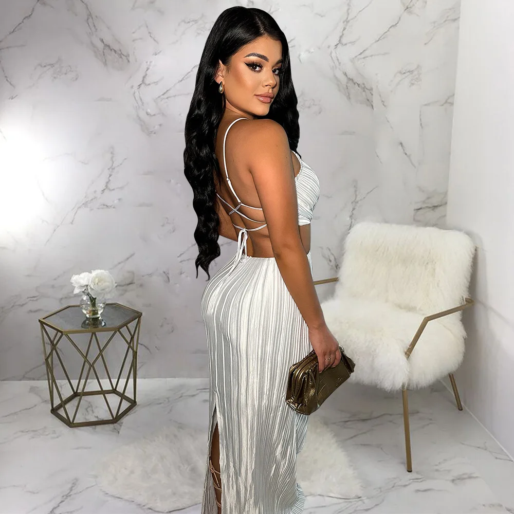 Liu Ming New Year 2025 Elegant Women Sexy Halter Neck Pleated Party Slit Long Maxi Evening Dress