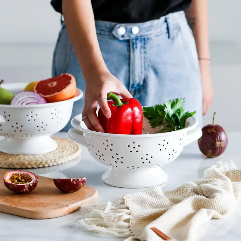 2022 novelty marble pattern fruit basket storage food bowl custom color plain blank metal steel enamel colander