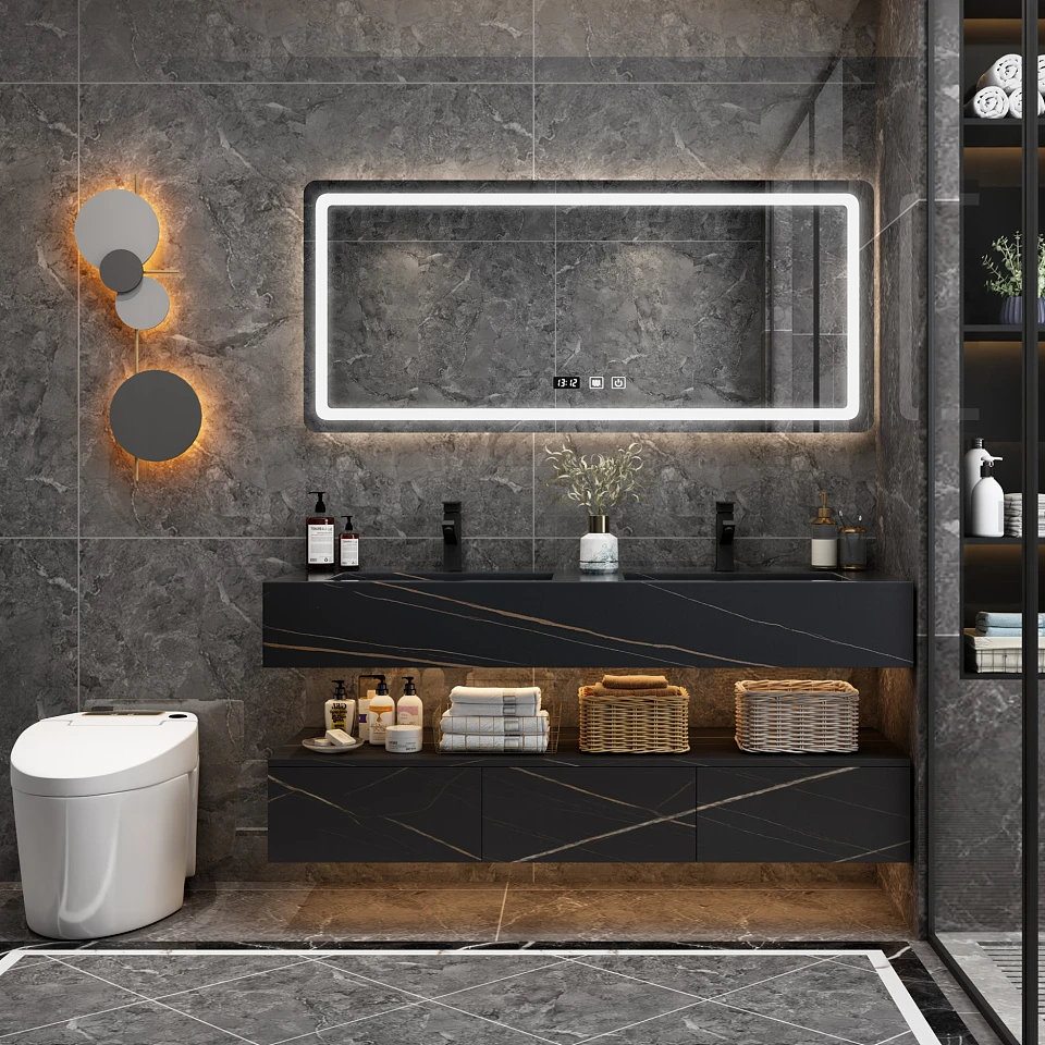 Оптовая продажа мебель для ванной из массива дерева роскошный черный мрамор 60 дюймов двойная раковина