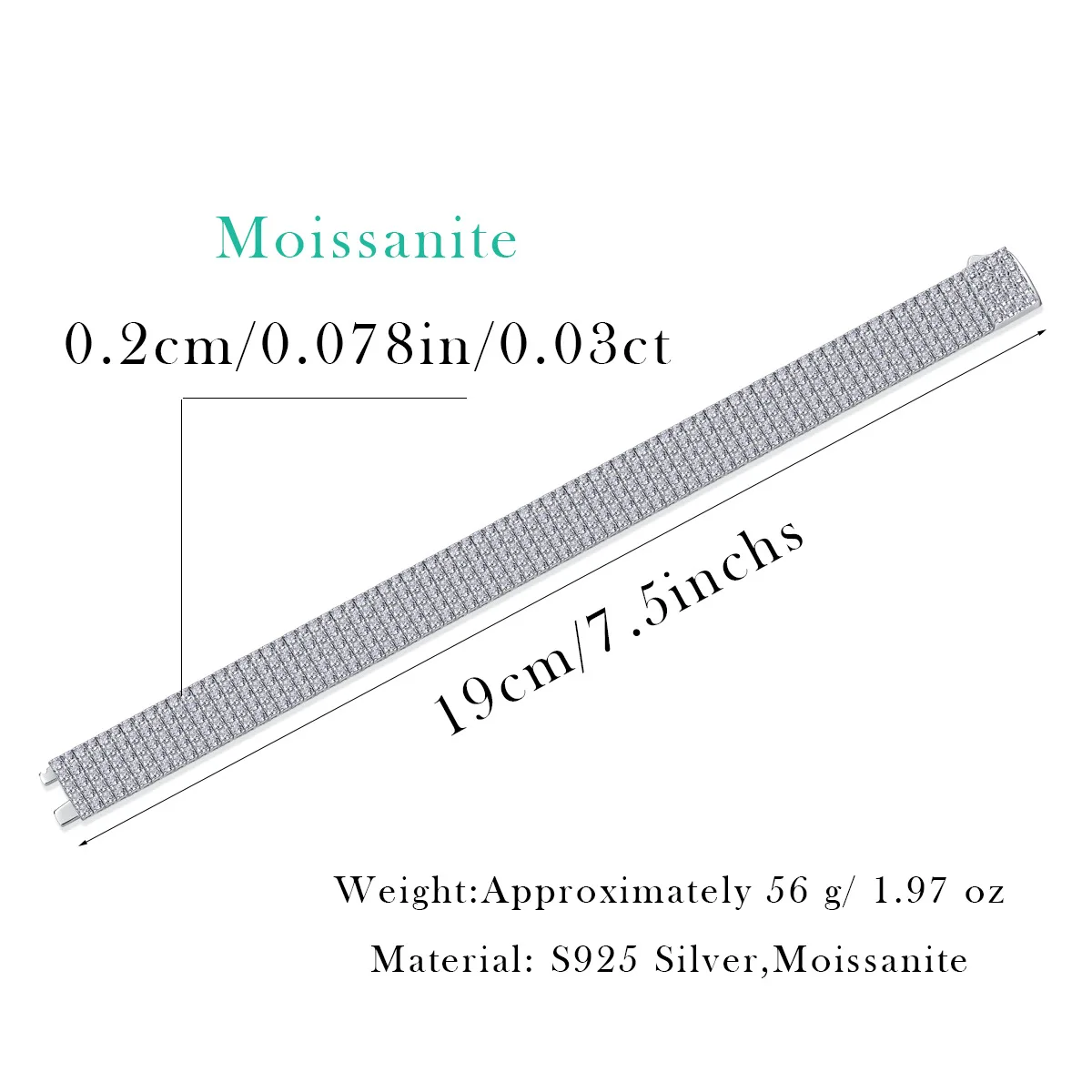 De 10MM Wide Moissanite Tennis Chain Five Rows Moissanite Tennis Link Bracelet 7.5inches 925 Silver Tennis Moissanite Chain