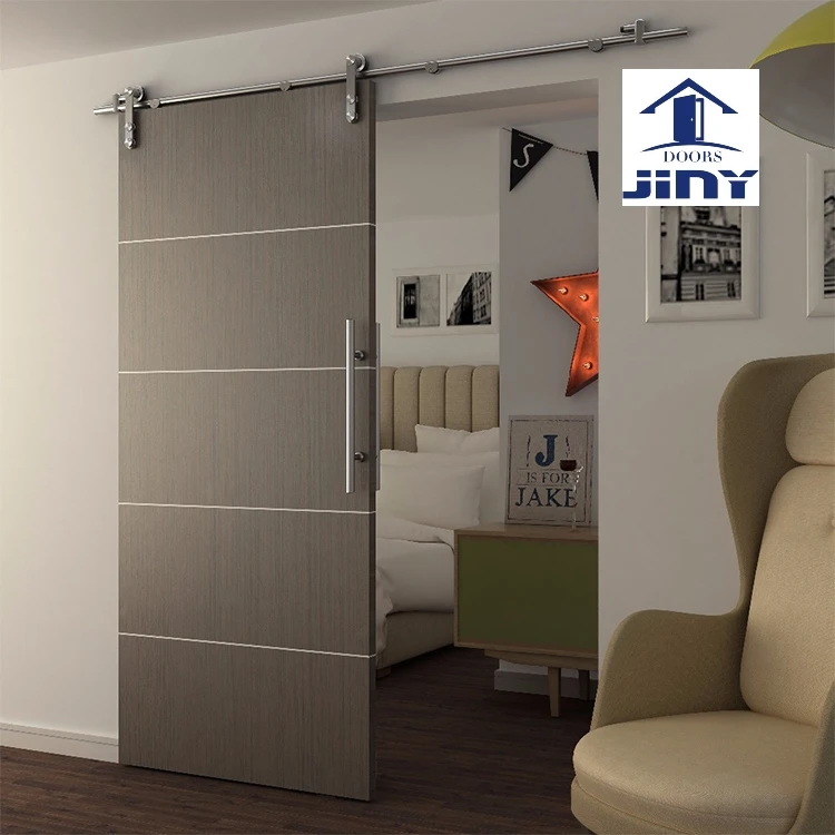 Customized House Door Barn Doors Sliding Modern Interior Wooden HDF MDF PVC Bedroom Door with Aluminum Strips Decoration