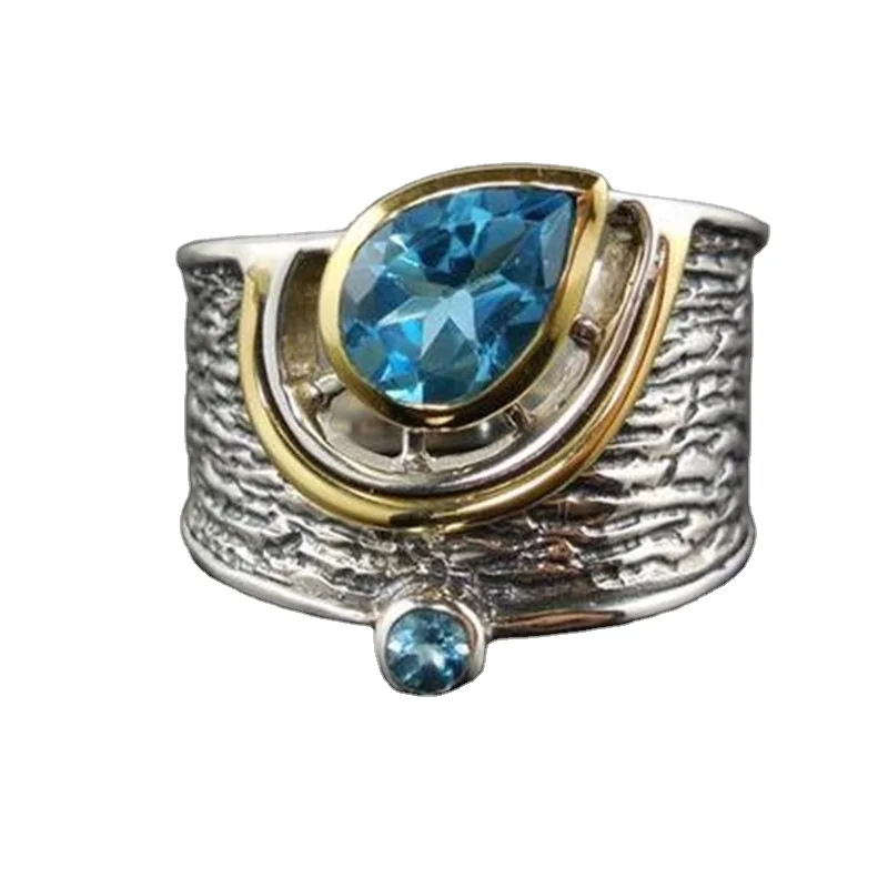 Creative Stylish Women Accessories Ethnic Style Eternity Blue Rhinestone Zircon Wide Ring