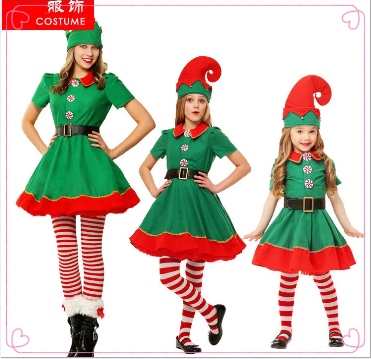 Factory Price Cosplay Christmas Elf Santa Costume Kids Women Dress