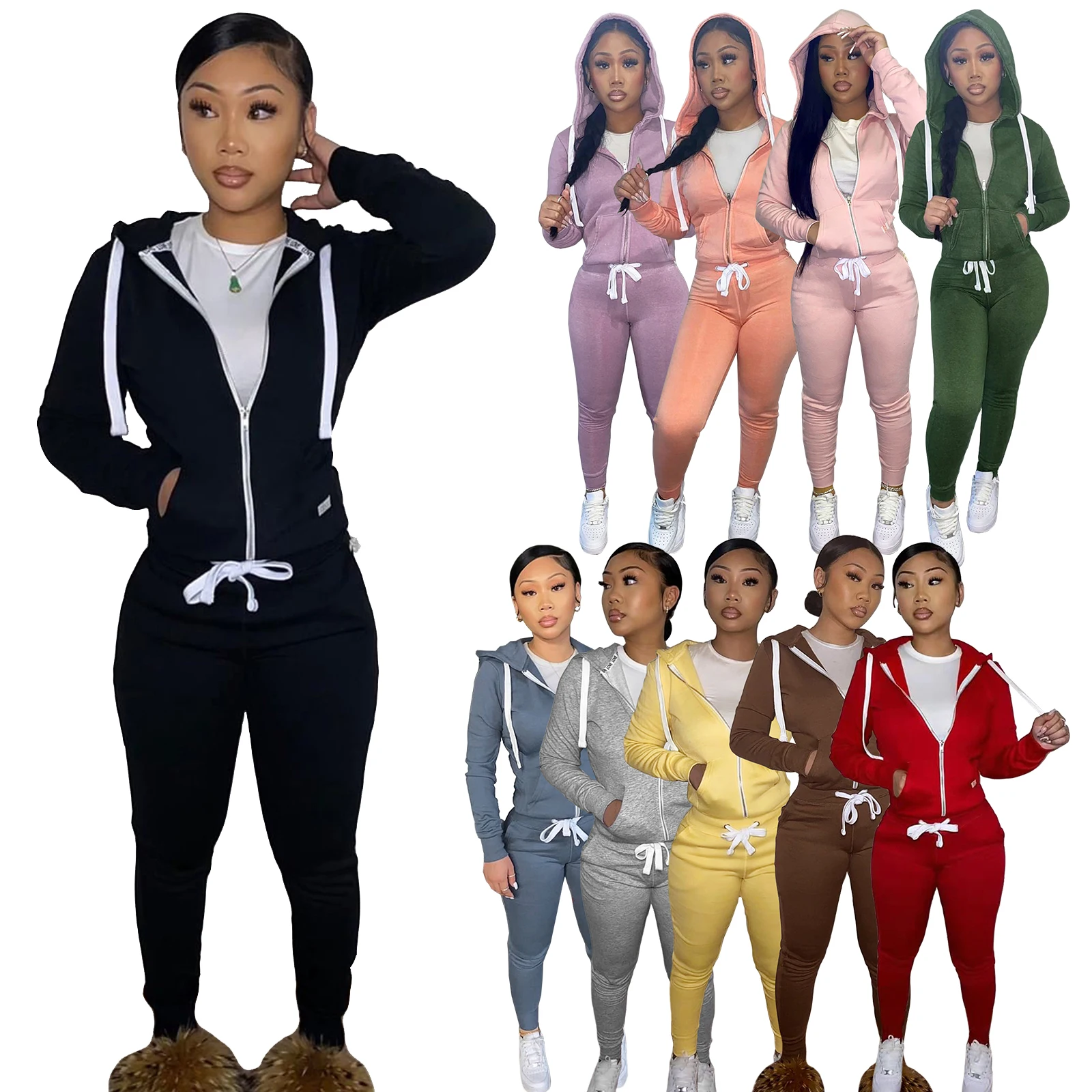 Wholesale Clothing Vendor 2023 Women Two Piece Set Fleece Thick Hoodies Clothing Custom Long Sleeve Tracksuits Joggers Suit
