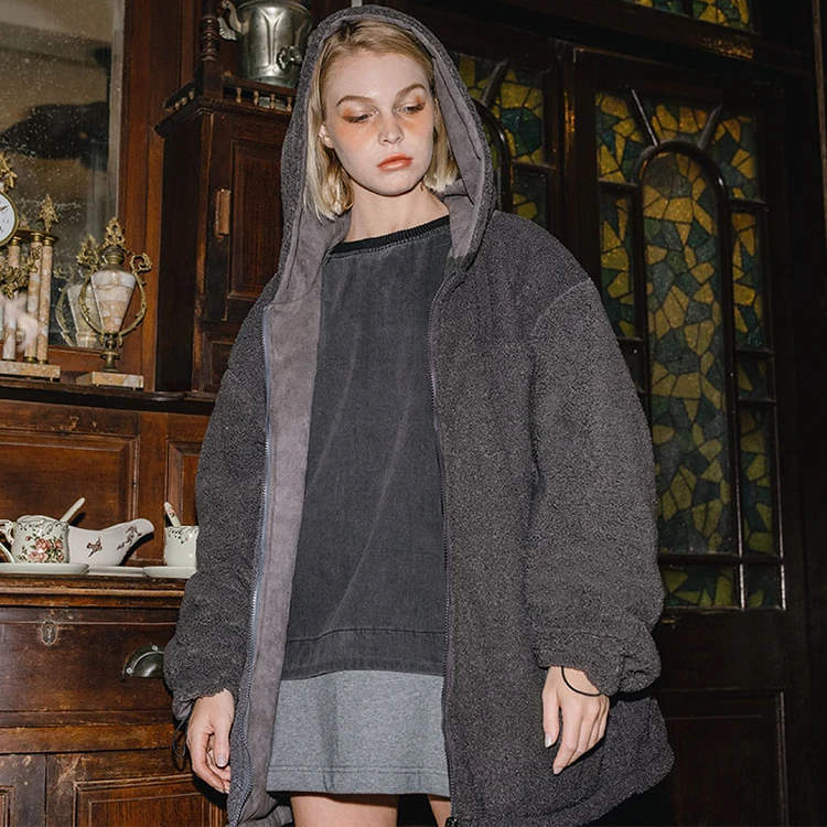 GRKC latest design reversible gray hooded oversized waterproof jackets suede and sherpa stitching winter coats