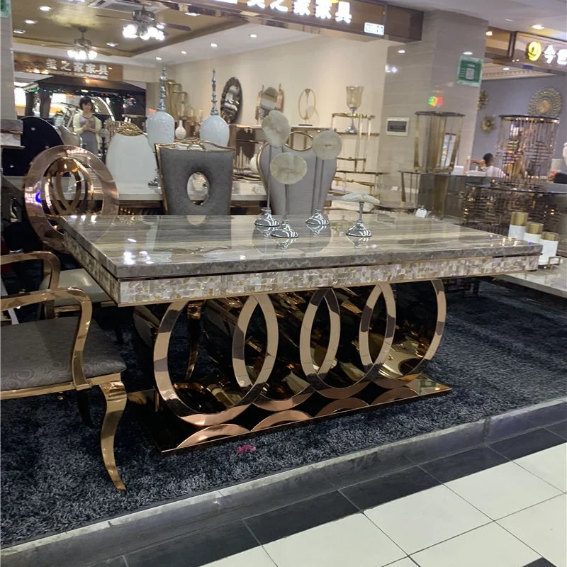 Новинка 2021, современный роскошный обеденный стол из нержавеющей стали с мраморным верхом, 6 стульев, 8 стульев, набор мебели для отеля