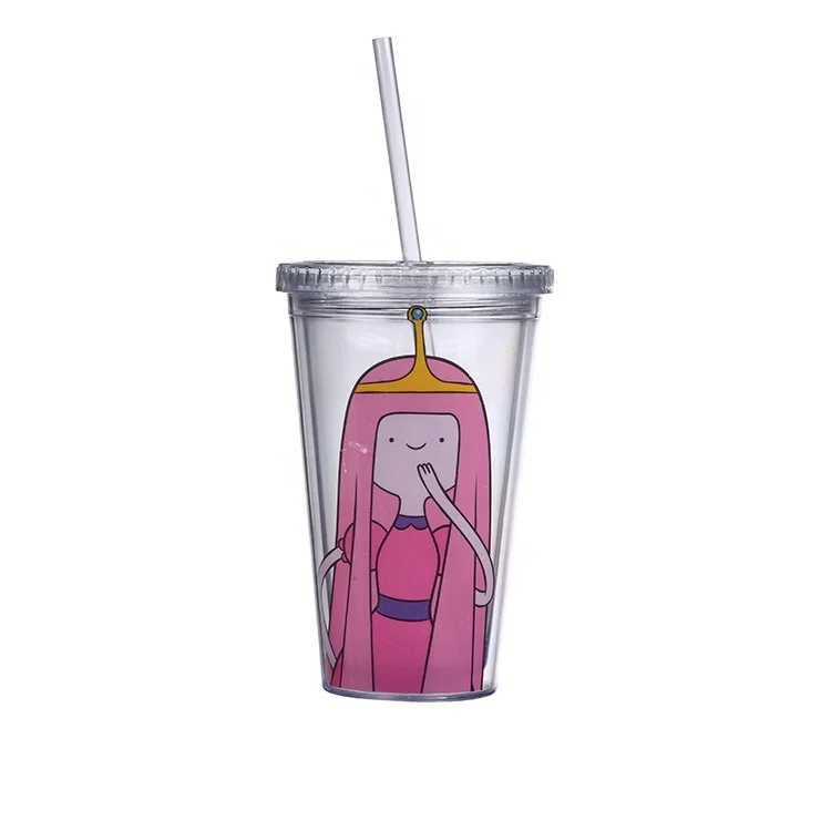 Drinking Cup with Straw Double Wall Cartoon Plastic 500ml Travel Mugs Support Cold Water Fly Cup with Lid All-season CN;ZHE