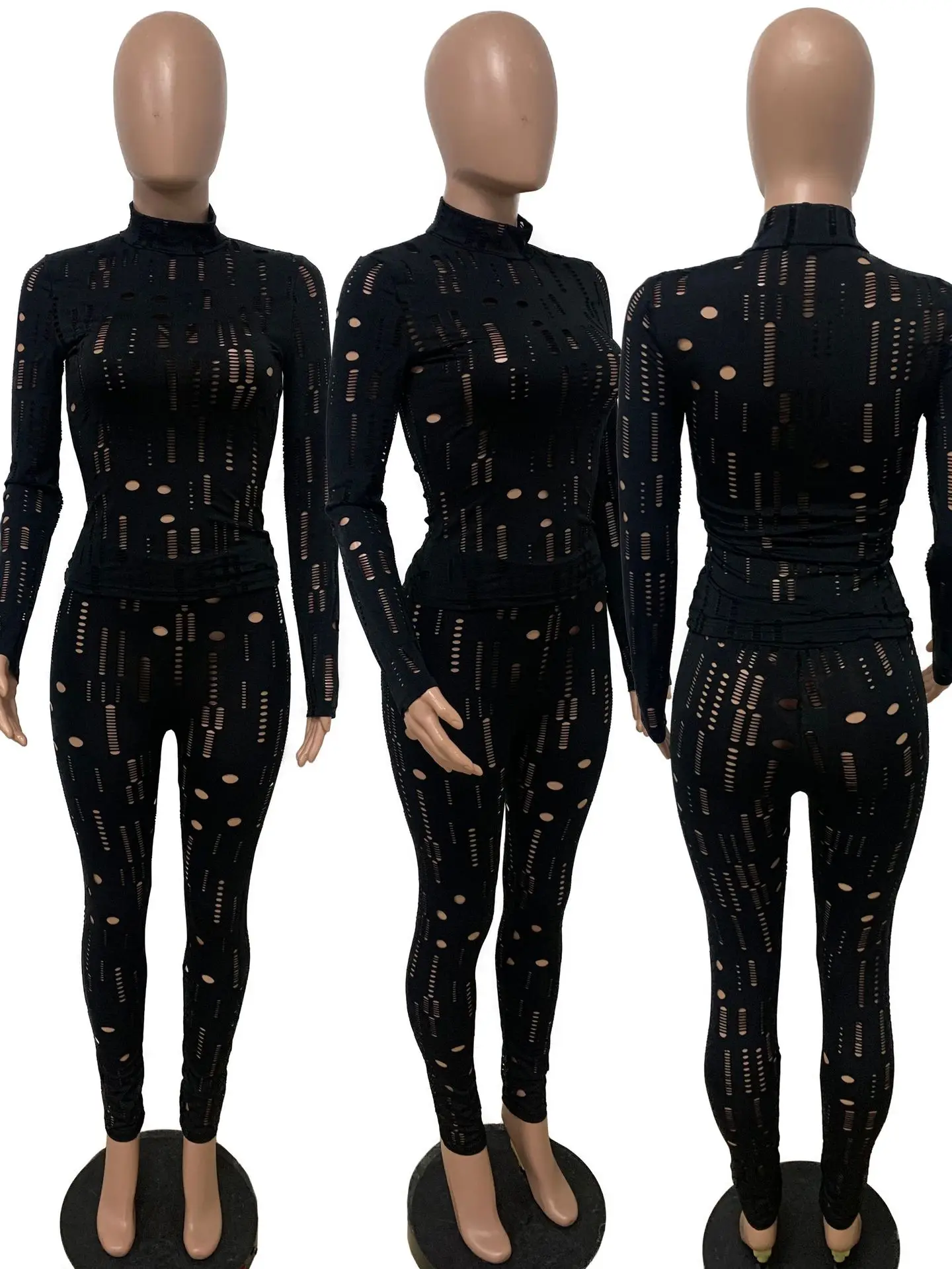 L2122 sexy bandage fashion long sleeve hollow out top and pants woman two piece pants set