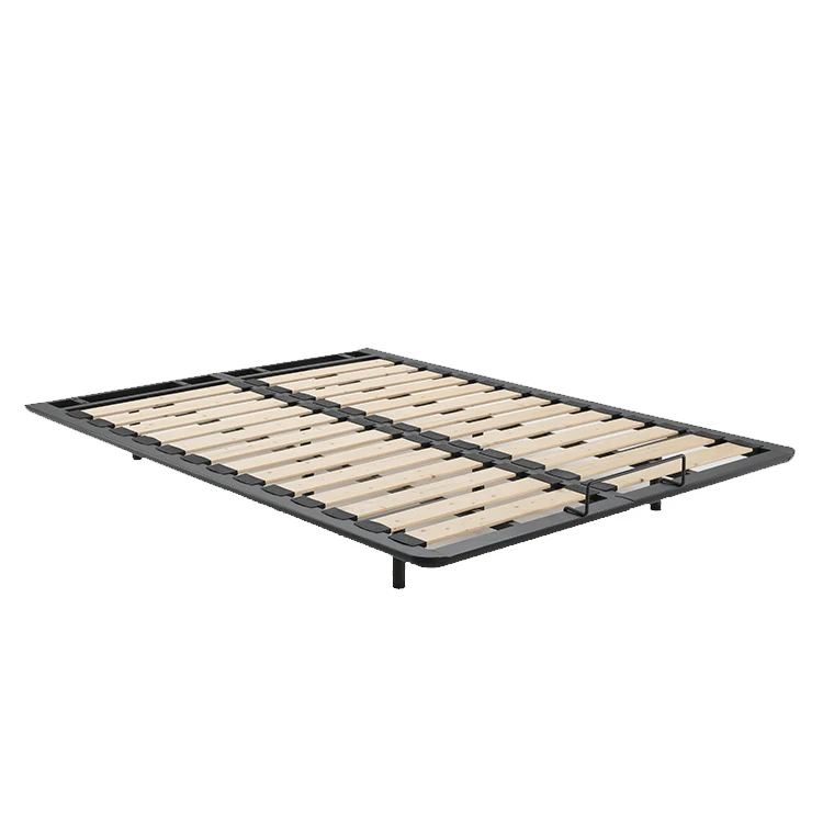 King size bed frame black steel tube solid wood slat metal mattress base
