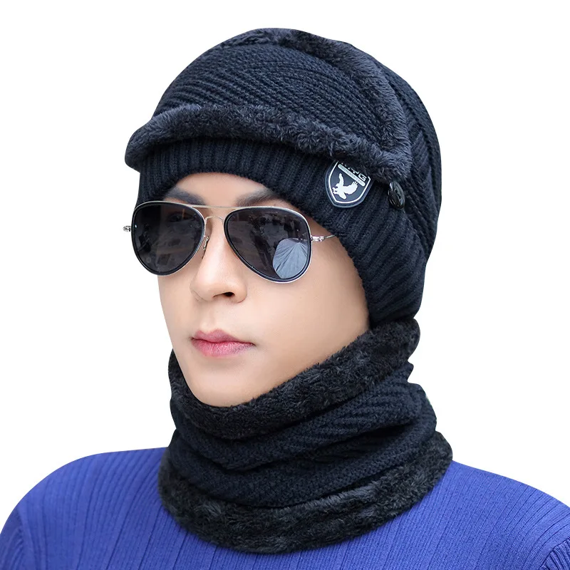 
Winter Men bonnet three-piece hat and scarf set mask fur hat beanie 