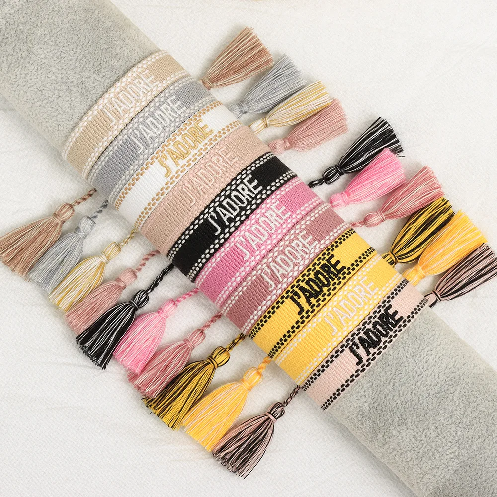 Ethnic embroidered designer letters tassel twisted rope crochet braided cord bracelet and charms