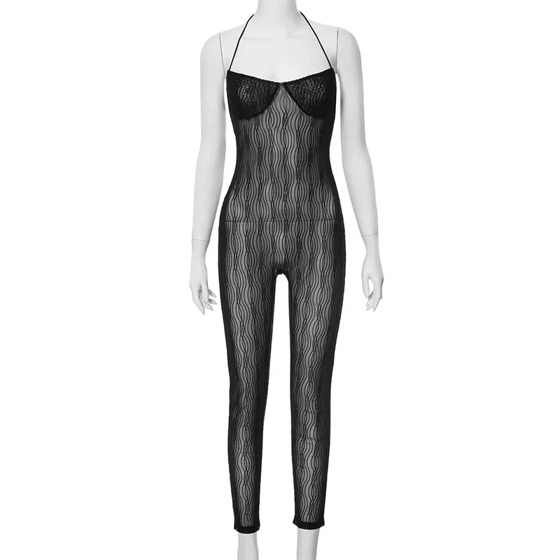 Fashion One Piece Rompers Night Wear 2024 Women Sleeveless Skinny Pencil Pants Sexy Halter Mesh See Through Jumpsuits