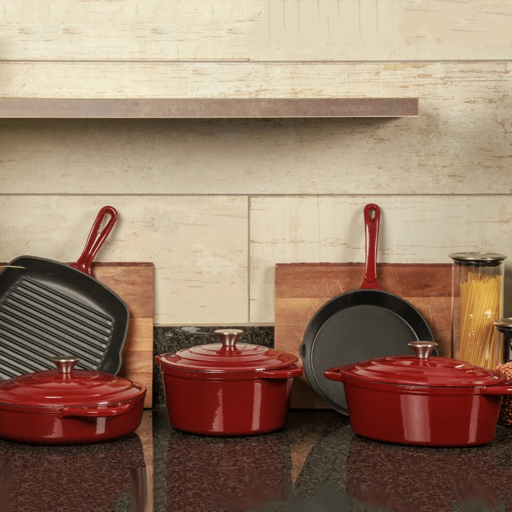 Bright Houseware OEM Custom Hot Selling 24cm Dutch Oven with Lid Non Stick Square Grill Pan Blue Enamel Cast Iron Cookware Set