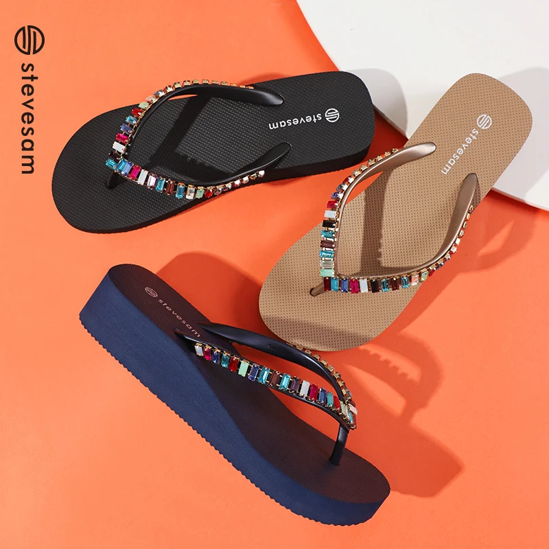 Wholesale New Rhinestone Summer Beach High Heels Flip-flops Wedges Flat Slippers EVA Rubber Women Flip-Flops