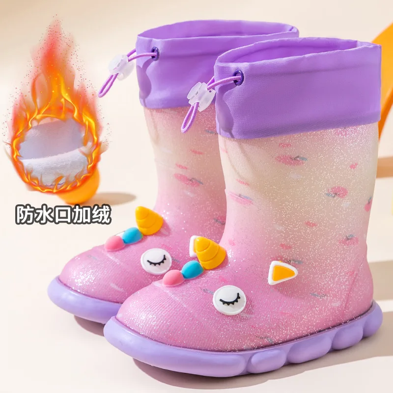 Winter boots with fur socks for children unisex kids anti-slip raining boots with toddler size child keep warm snow boots
