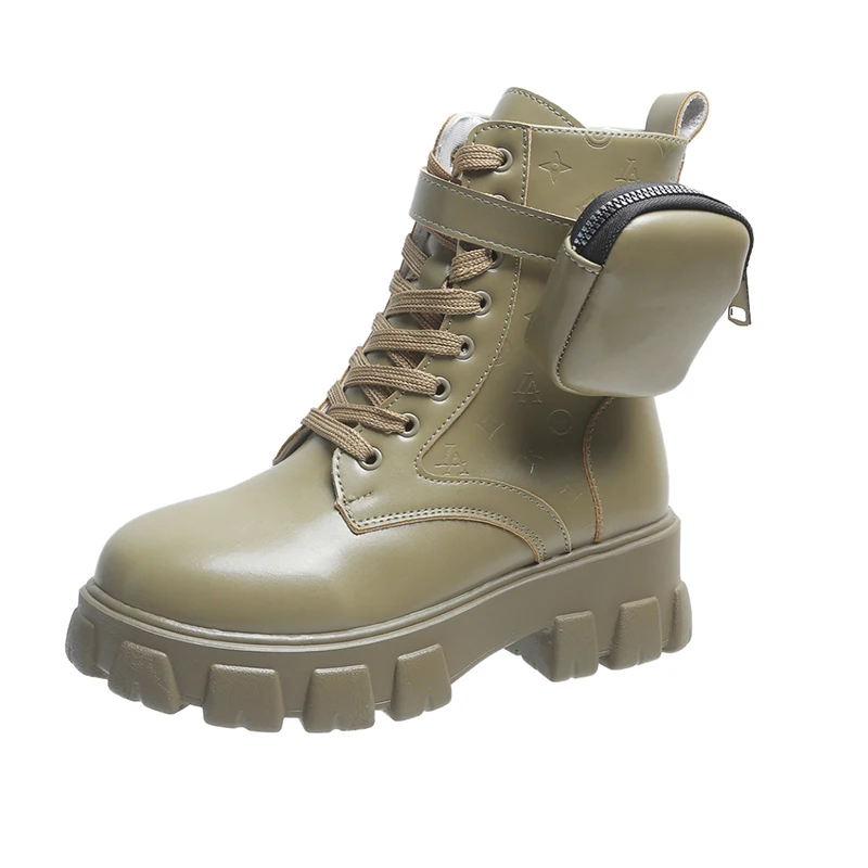 PU Stain Resistant Anti-Slippery with Small Bag for Women Snow Winter Height Increased 5cm Warm Ankle Platform Martin Lady Boots