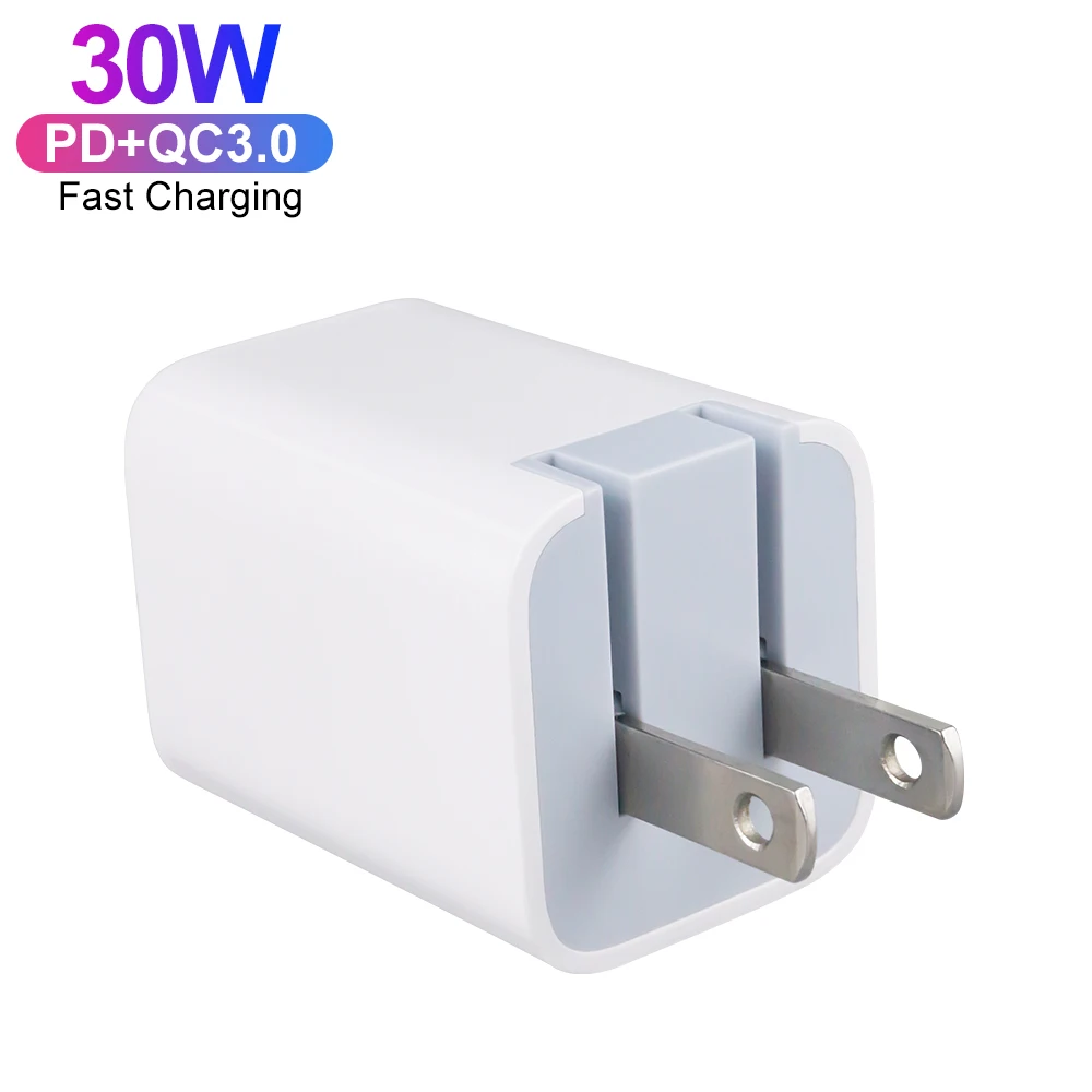 US Folding Plug ETL PPS Certification PD 30W+QC 3.0 18W Dual Port Fast Wall Charger For iPhone Samsung Xiaomi