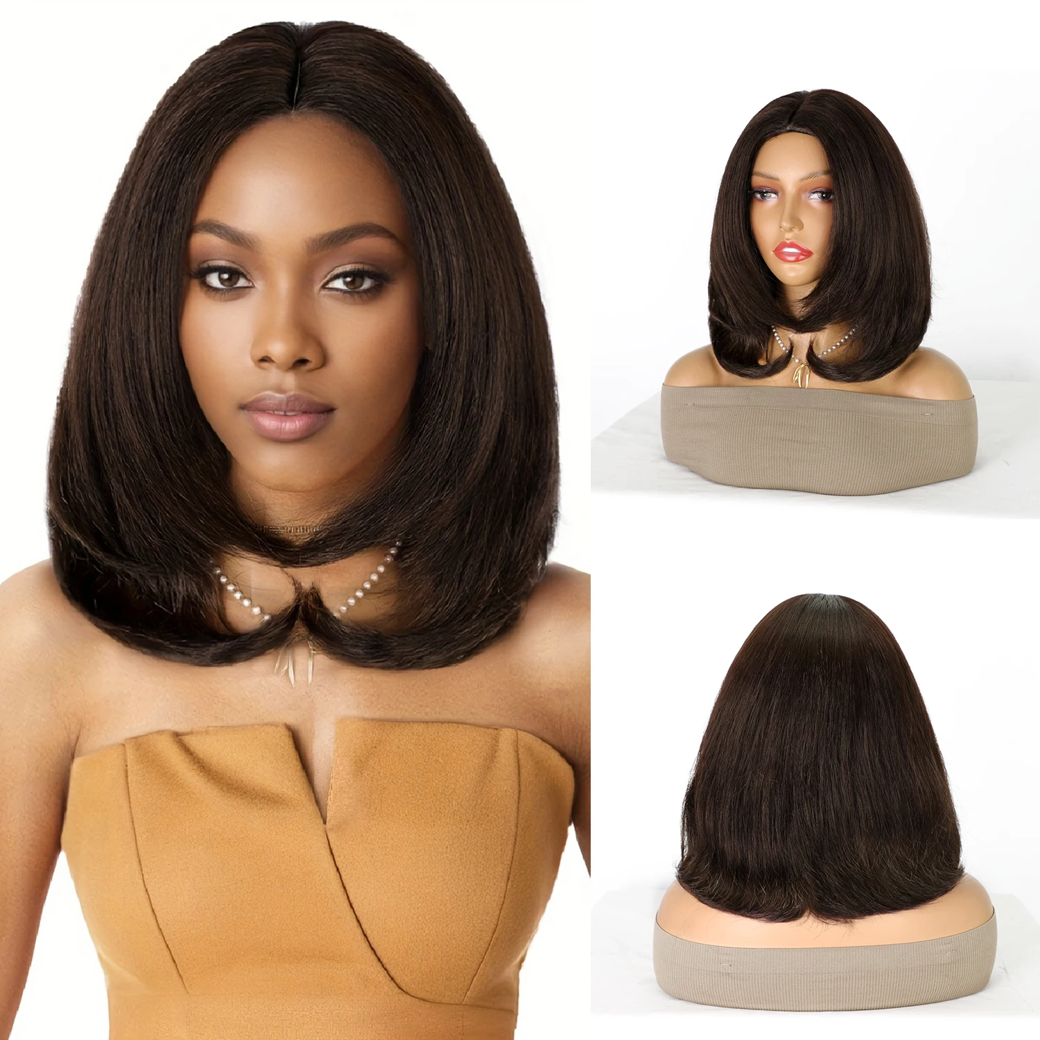 14 inch Yaki Kinky Straight Hair Wigs High Quality Short Natural Layered Bob Heat Resistant Glueless Synthetic Hair Wig