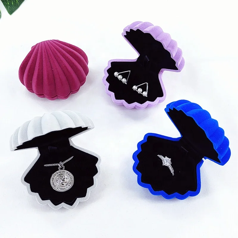 Ready to ship fancy ring earring necklace package box soft shell shape velvet jewelry box