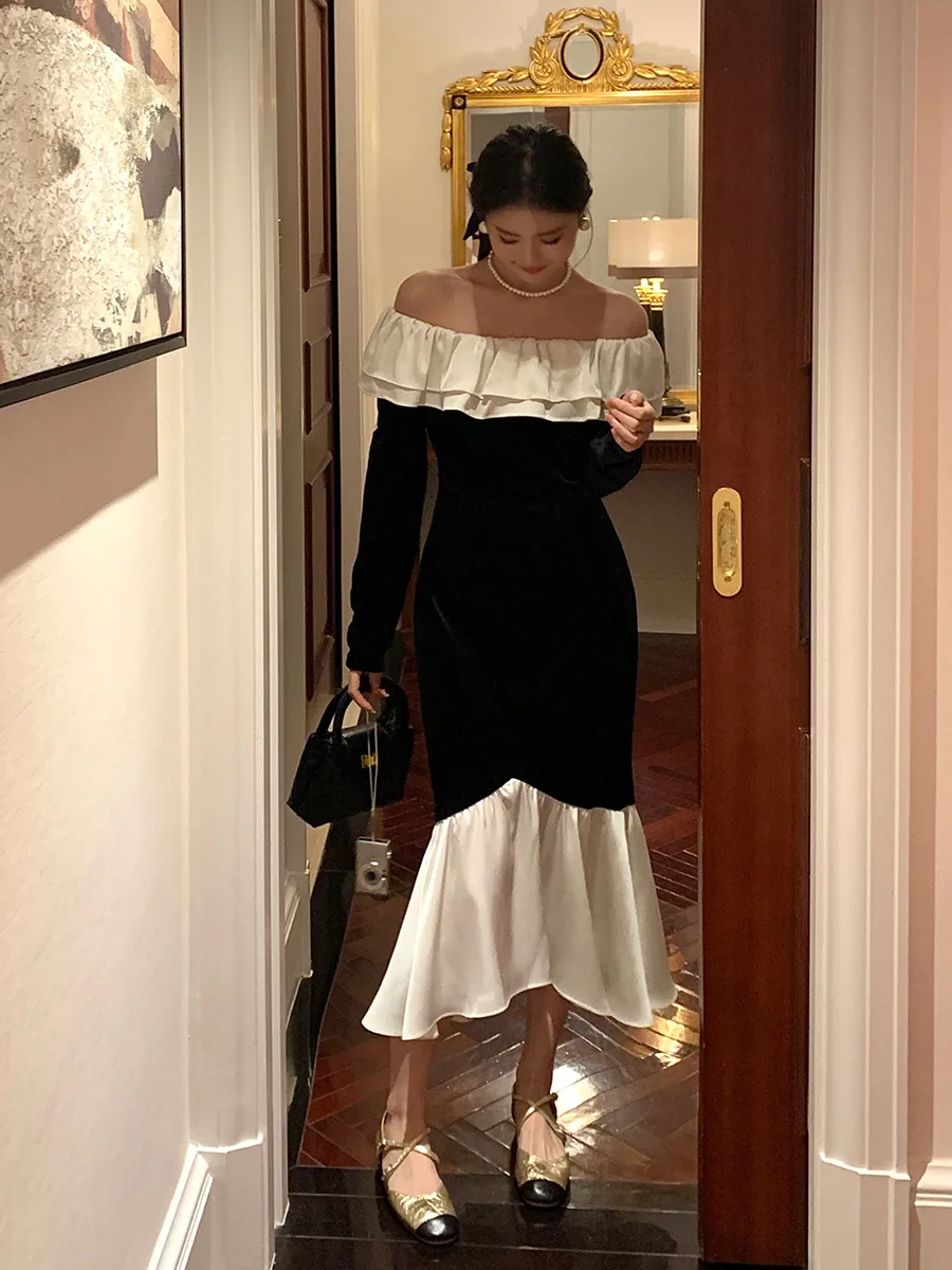 Winter slim-fit elegant elegant shoulder base velvet dress annual meeting fishtail long skirt