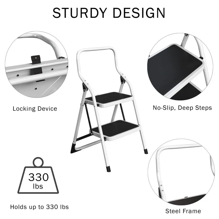 2 Step Stool  Folding Ladder with Handrails, Attachable Tool Bag, Non-Slip Feet, Steel Frame and 330lbs Weight Capacity