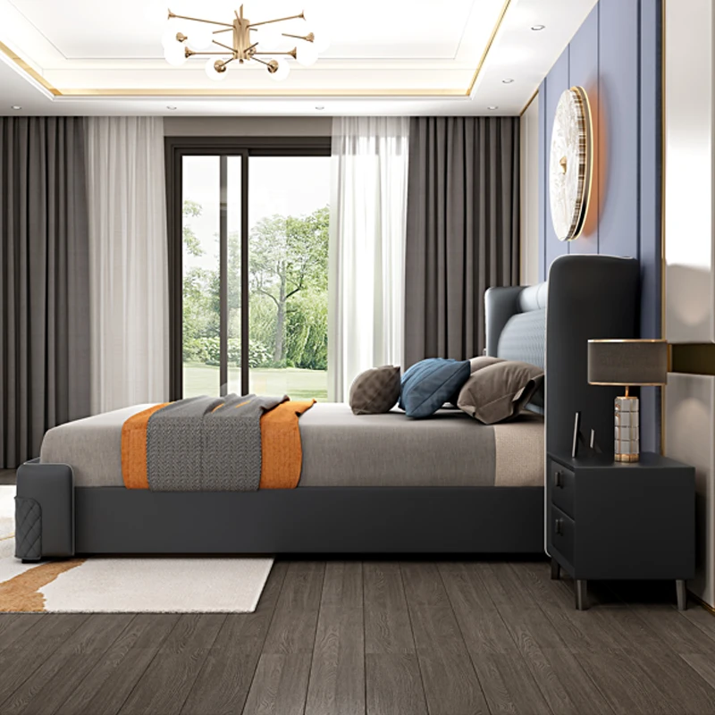 Italy Style Upholstery Stylish Designer Classic Leather Cheap King Size Set Furniture Luxury Bedroom Metal Bed Frame King Size