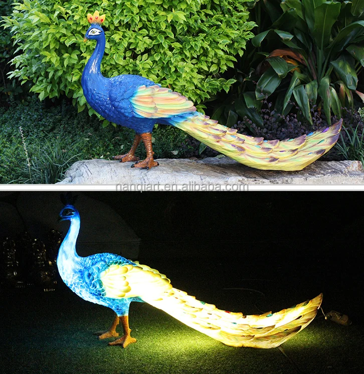 Holiday Park Light Show Decoration Garden Sculpture Realistic Life Size LED Fiberglass Luminous Animal Statues Peacock With Base