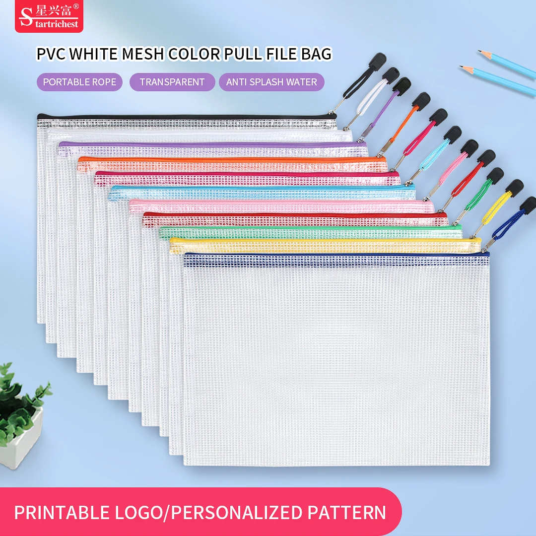 Custom Filing Products A4 Grid Zipper bag Wallets Folders PVC Transparent Mesh Document Bags for File Storage Paper Organization