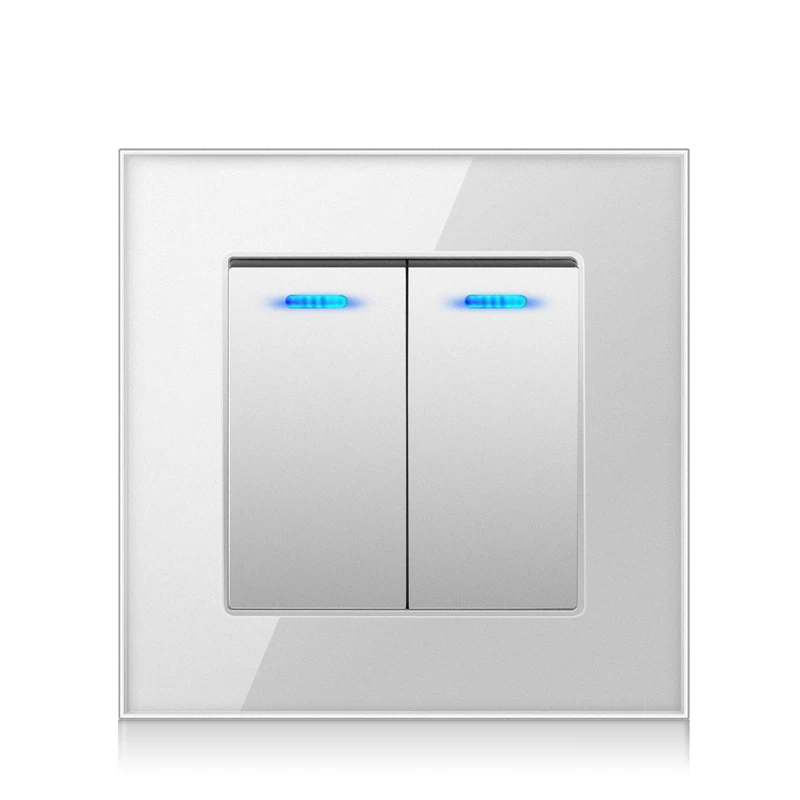 Crystal glass panel 2 Gang 2 way pass through LED indicator 16A On/Off light switch Stair wall switch