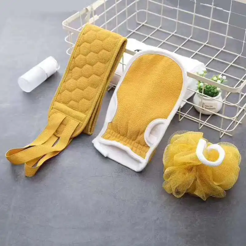 Stock 3 Pcs Soft Long Bath Belt Exfoliating Glove Bath Flower Ball Washcloth Shower Sponge Set
