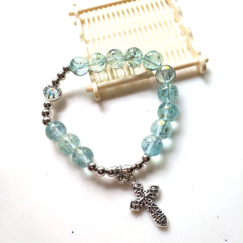 Crystal Beaded Bracelet Religious Girls Women Cross Pendant Glass Beads Stretch Catholic Decade Bracelets
