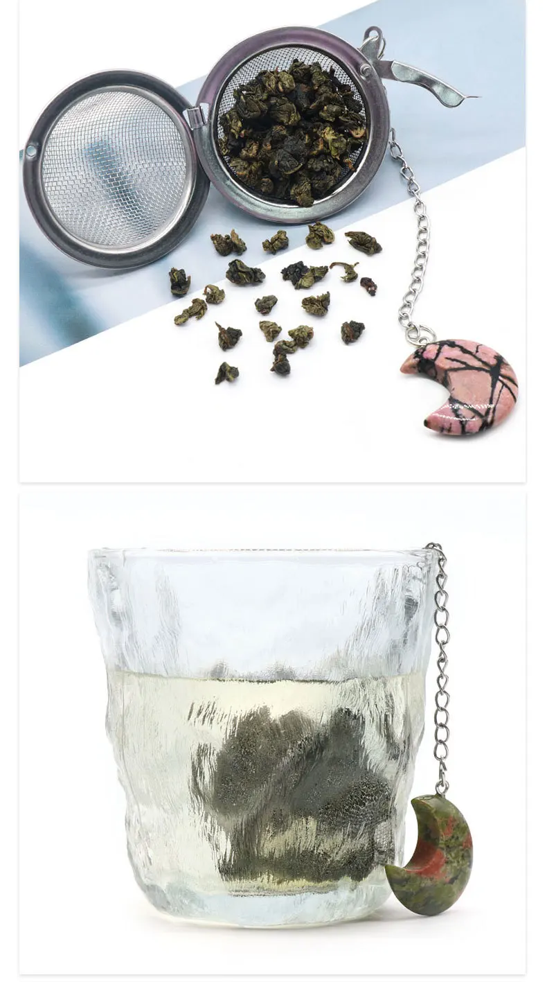 Сетчатый Чайный фильтр из нержавеющей стали 304 с подвеской в виде полумесяца лечебный драгоценный камень ситечко для чая форме Луны родонита
