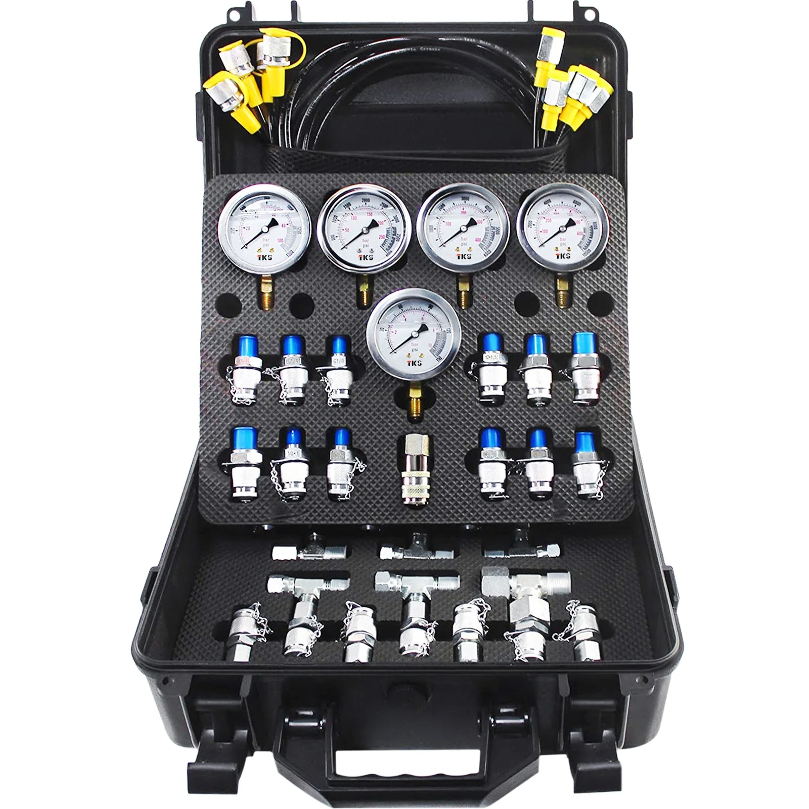 TKS Hydraulic Pressure Test Kit 5 Gauges for Excavators Pressure Gauge Set Diagnostic Tools Stainless Steel Case box
