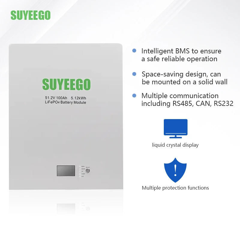 SUYEEGO LiFePO4 Wall Mounted 4.8kwh 5kwh 5.12kwh 9.6kwh 10kwh Lithium Ion Batteries For Solar Inverter System