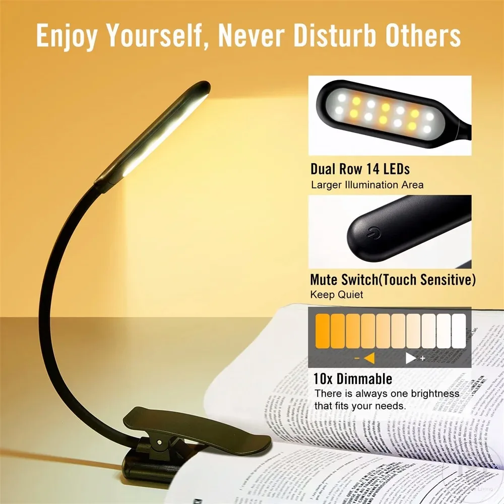 Blue Light Filtered Clip-On Book Light 1000mAh Usb Rechargeable Dimmable Amber Reading Light Mini Read Lamp Book Lamp For Kids
