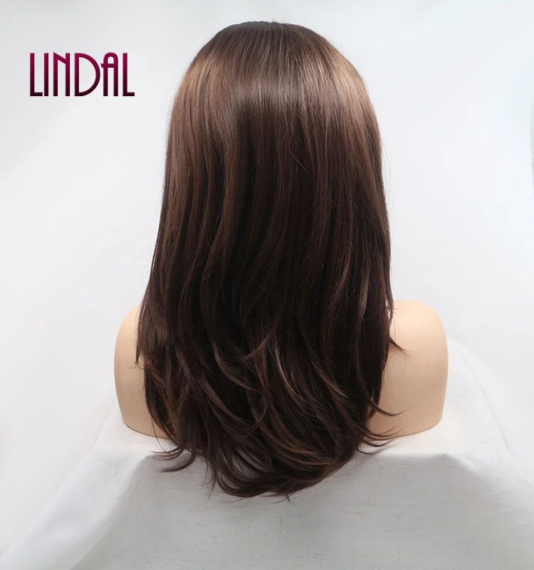 LINDALHAIR Brown Short Wavy Synthetic Lace Front Wigs for Women Soft Bob Fiber Hair Wig