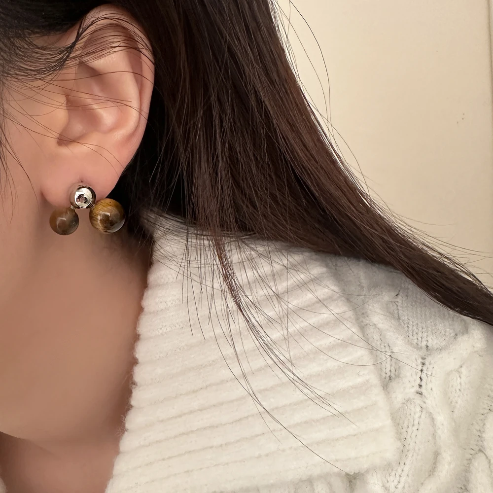 Vershal A-46 Natural Stone Tiger Eyes Luxury Jewelry 18K Gold Plated Geometric Sphere Ball Shape Stud Earrings