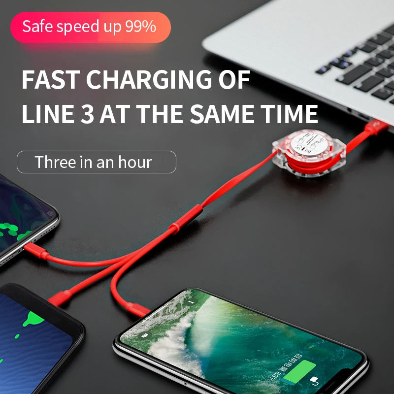 
Dragon master 3in1 Retractable USB Type C Micro USB charge Cable for mobile phone Charger Cable 1m 2.4A Fast Charging TPE cord 